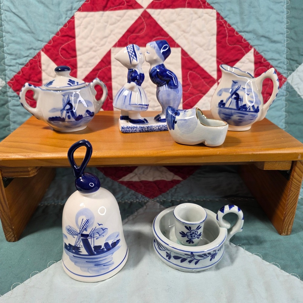 W.G.B. Delft Blue Figurines Set 6 Piece Blue White Windmill Floral Hand Painted